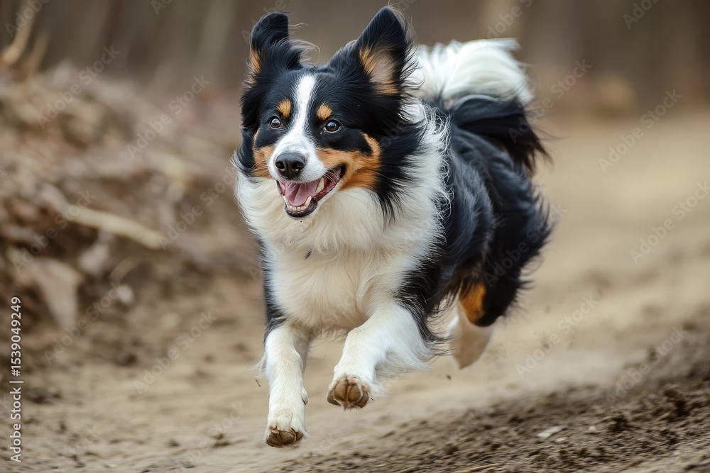 Dog joyfully running along a dirt trail in a forested area with a bright expression, Border collie dog running Dog joyfully running along a dirt trail in a forested area with a bright expression, Border collie dog running