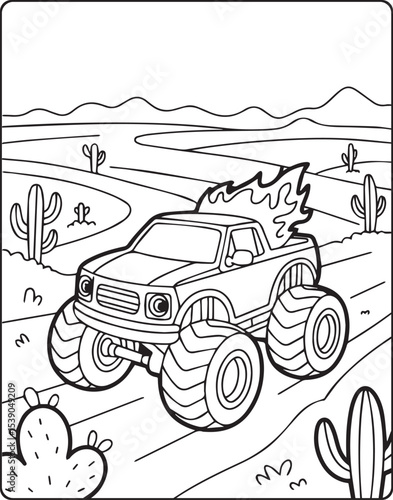 Beautiful cartoon monster truck on natural desert road black and white line art vector for children coloring page