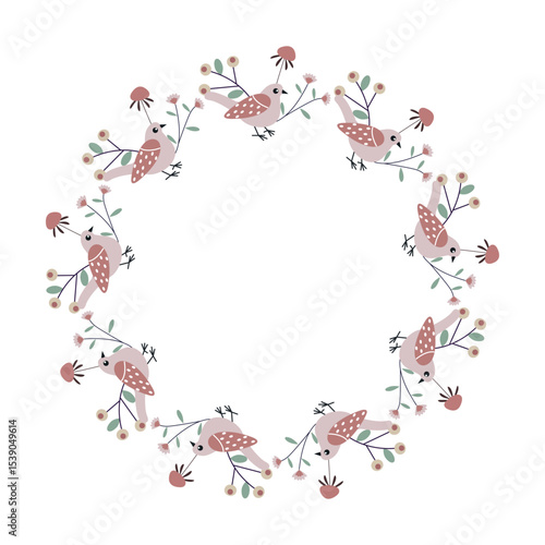  Spring flowers and bird. Spring leaves circle frame. Round border made of fall leaves in pink, yellow, and green. Vector flat isolated on white background.