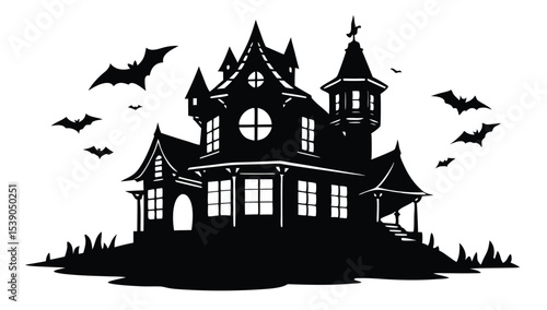 Spooky Halloween Haunted House Silhouette Illustration