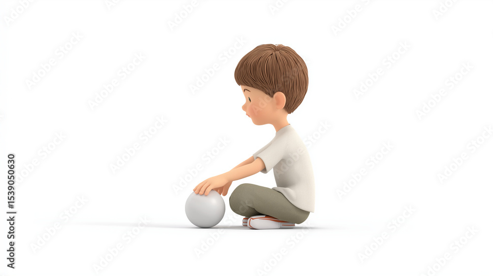 Kind spielt mit Ball – 3D-Illustration im niedlichen Cartoon-Stil. Künstliche Intelligenz KI Kind spielt mit Ball – 3D-Illustration im niedlichen Cartoon-Stil. Künstliche Intelligenz KI