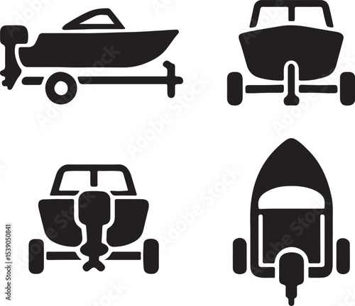 Boat on a trailer silhouette icons set side, front, back, and top views vector art illustration.