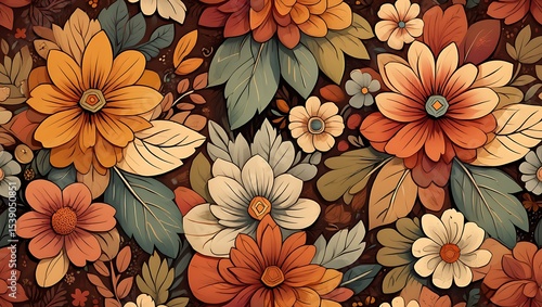 Autumnal Floral Seamless Pattern Vintage Flower Design, Warm Colors, Botanical Illustration