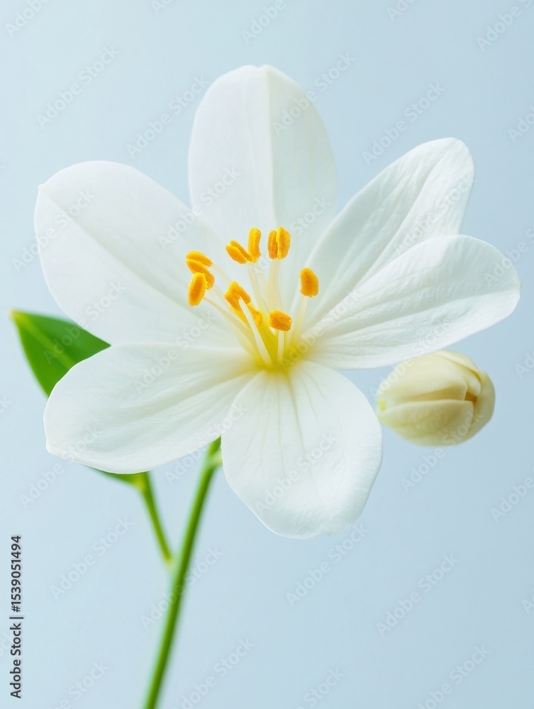 Naklejka premium Delicate White Flower Blooming with Bright Yellow Stamens in a Lush Green Natural Environment Exuding Beauty and Tranquility isolated on a white background