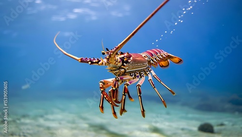 Close up of a spiny lobster swimming gracefully in the clear blue ocean water near the sandy seabed