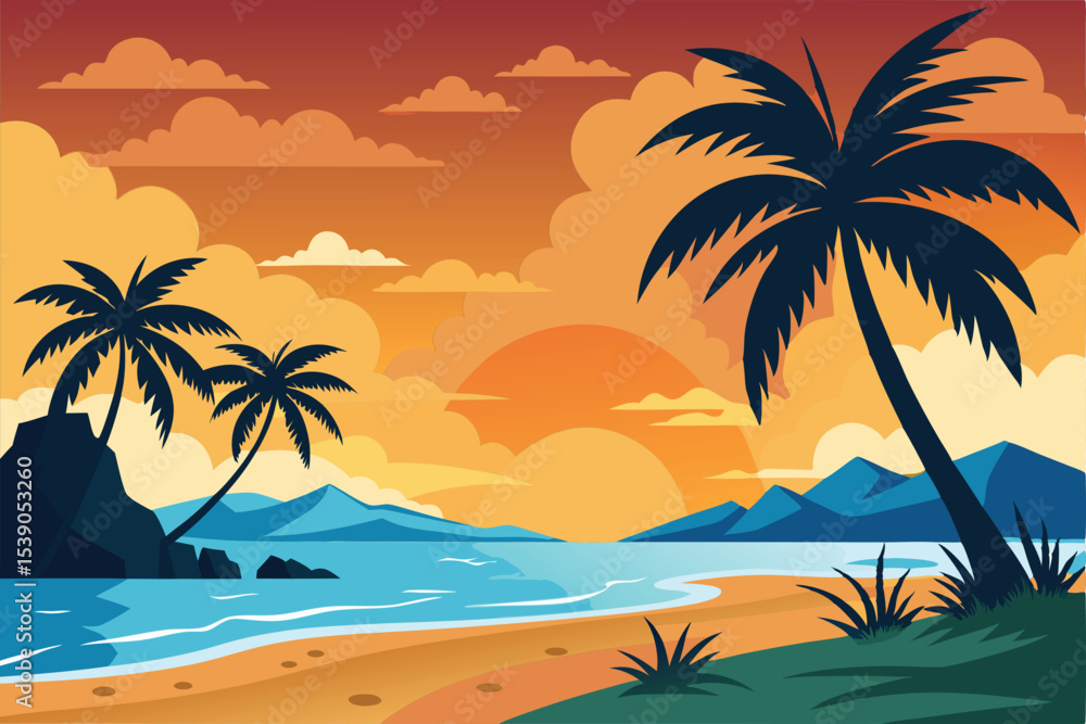Sunset Beach Scene Palm Trees Silhouette at Golden Hour Sunset Beach Scene Palm Trees Silhouette at Golden Hour