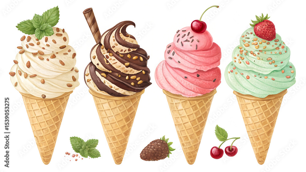 Delicious ice cream cones assorted flavors summer treats Delicious ice cream cones assorted flavors summer treats