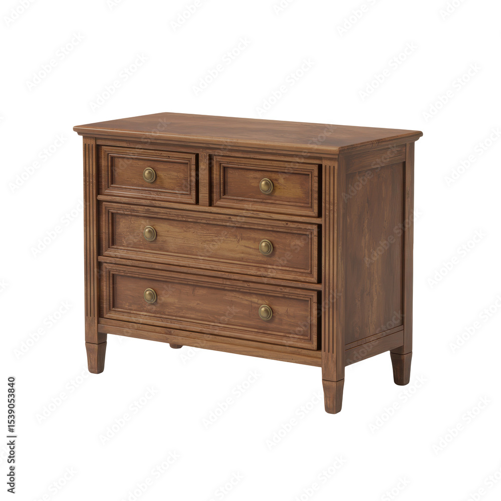 Realistic wooden dresser with three drawers and brass knobs viewed from a slight left-side angle isolated transparent background Realistic wooden dresser with three drawers and brass knobs viewed from a slight left-side angle isolated transparent background
