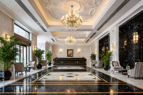 Elegant hotel lobby with crystal chandeliers and marble floor