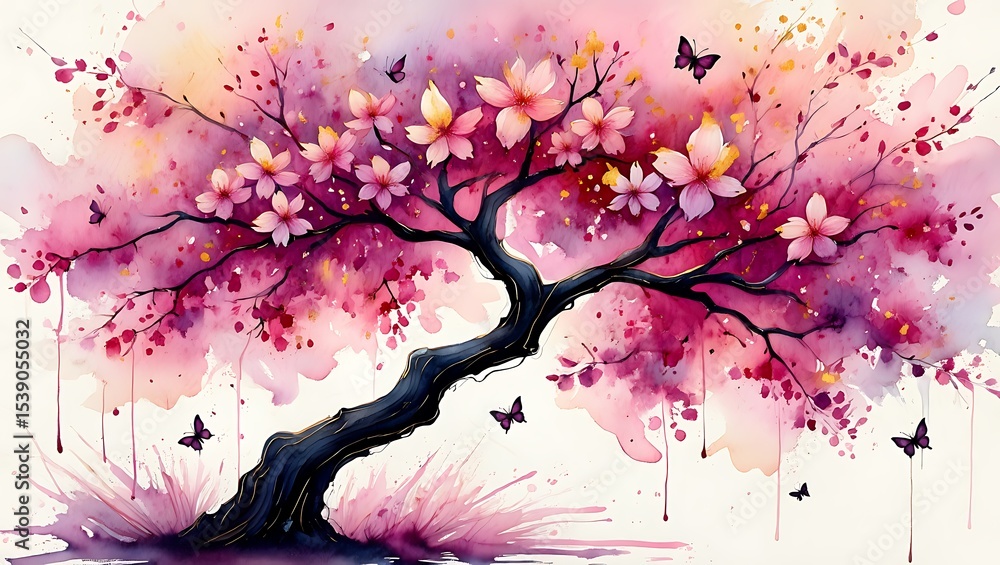 Fototapeta premium Watercolor Painting of a Blooming Cherry Blossom Tree with Butterflies A Dreamy Springtime Scene