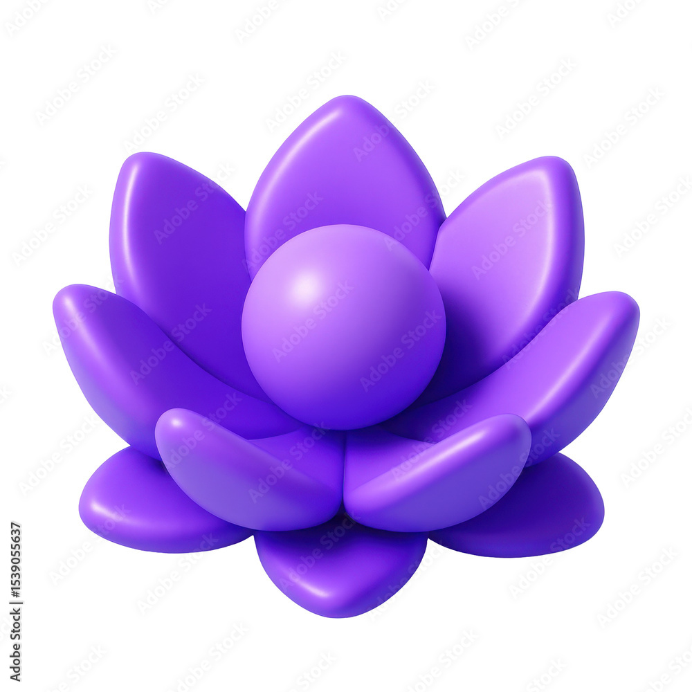 Fototapeta premium 3d plastic lotus flower icon with purple petals and spherical center on a black background, decorative element for web design and digital art projects