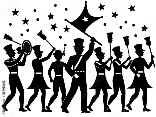 Silhouette of a marching band in celebration