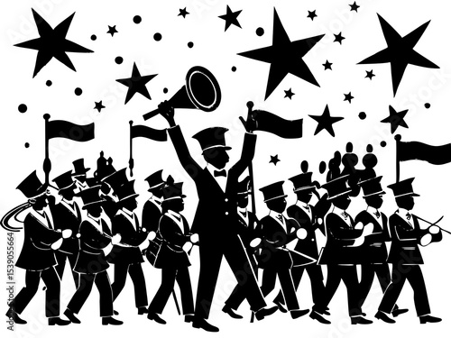 Silhouette of a marching band with stars