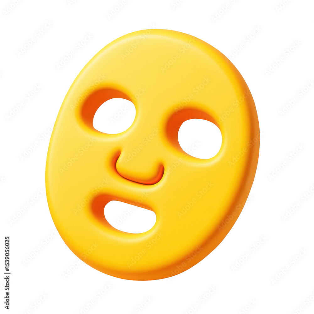 Fototapeta premium 3d icon in plastic style depicting a yellow mask with a surprised expression, ideal for illustrating emotions or themes in graphic design projects.