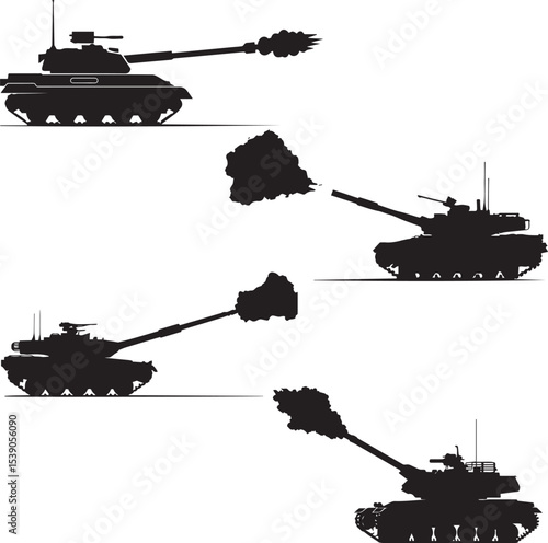 Silhouette of Military Tanks Firing Shells in Action, Ideal for Warfare, Combat, and Military Strategy Designs Focused on Armored Vehicles and Firepower