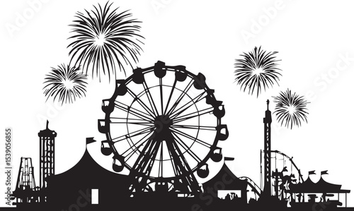Silhouette of a Funfair with Ferris Wheel, Roller Coaster, and Fireworks, Perfect for Theme Park, Carnival, and Festive Celebration Designs