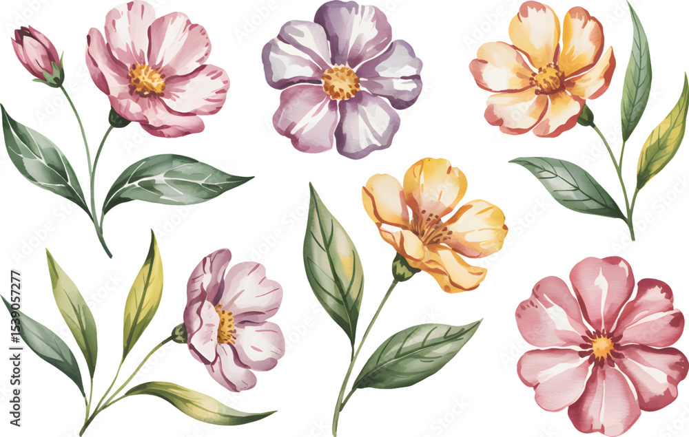 Obraz premium Watercolor Anemone Flowers Hand-Painted Floral Clipart Set with Green Leaves, Isolated on White Background vector illustrations.