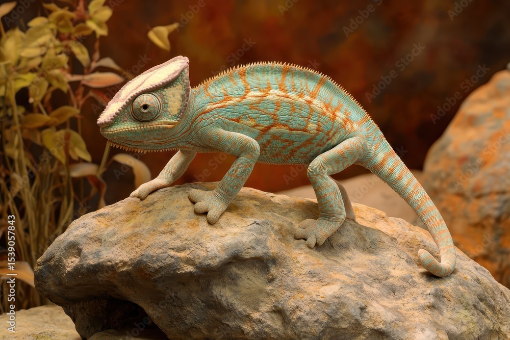 Fototapeta premium Chameleon exploring a rocky surface in natural habitat during daylight, Chameleon slowly walking on a stone