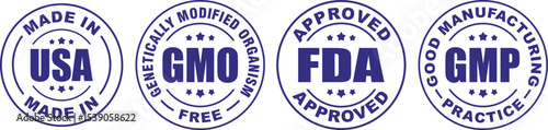 Set of 4 Product Badges – Made in USA, GMO Free, GMP Certified, Approved Label Vector Icons