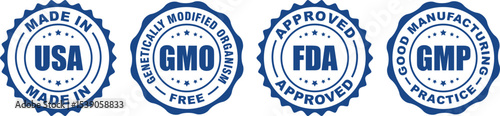 Set of 4 Product Badges – Made in USA, GMO Free, GMP Certified, Approved Label Vector Icons