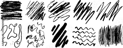 Diverse collection of twelve scratchy abstract marks for creative design and art projects