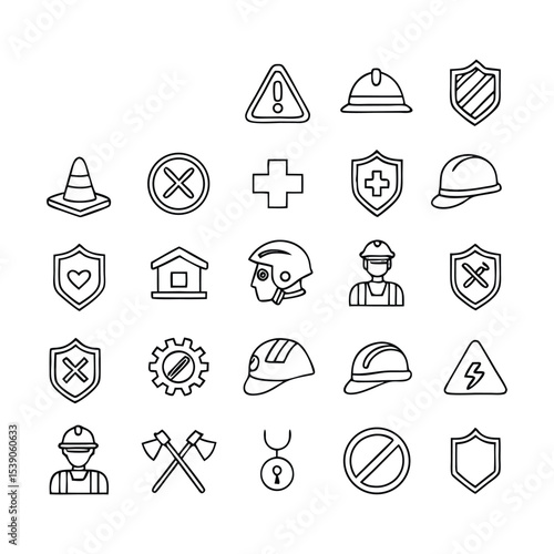 Safety and Protection Icons Collection | Thin Line Editable Vector Set | Personal Protective Equipment, Security Lock, Emergency, Shield, Fire Safety, Health, and Risk Prevention