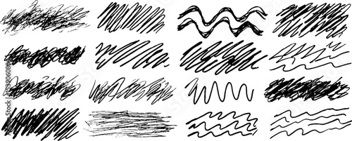 Creative collection of twelve hand drawn scribbled wave lines for artistic design