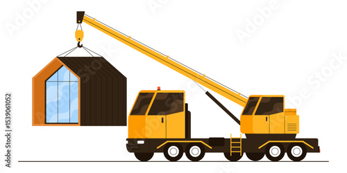 Mobile crane lifting a modern tiny A-frame modular house. Construction process, prefab housing delivery. Compact eco-friendlycontainer home. Vector illustration in cartoon style. Isolated background
