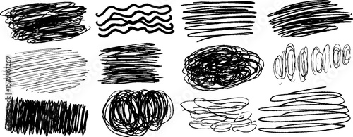 Artistic collection of twelve unique hand drawn scribble forms for creative design