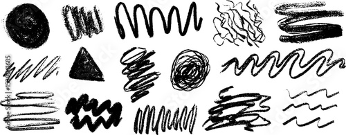 Abstract collection of twelve unstable hand-drawn line strokes for artistic design