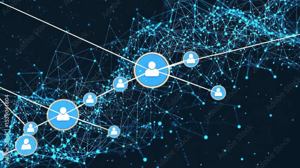 Digital network visualization with interconnected user icons and glowing data points forming a complex web structure, representing communication, data sharing, or social media interaction.