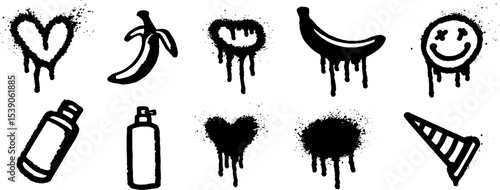 Grunge ink stencil art with banana peel, traffic cone, and heart icons for urban design