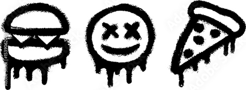 Dripping cheeseburger, donut, and pizza slice icons for creative design