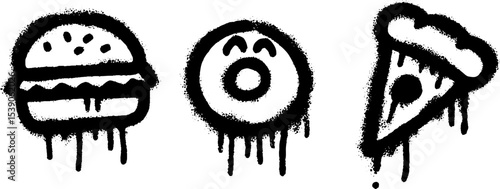Dripping fast food icons: cheeseburger, donut, and pizza slice in graffiti style
