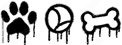 Grunge dog paw, tennis ball, and chew bone icons for pet lovers and design projects