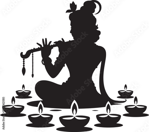 Indian hindu lord krishna black and white silhouette playing flute with diwali oil lamps