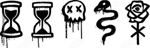 Urban graffiti art with hourglass, snake, and rose in monochrome style