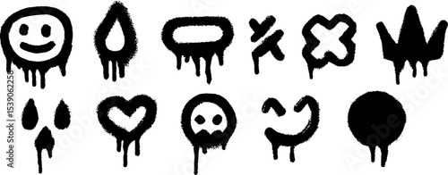 Dripping graffiti icons collection featuring smiley faces and abstract symbols