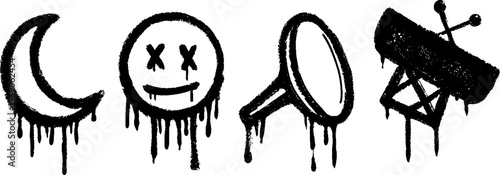 Urban graffiti art set featuring dripping moon, ladder, and satellite dish icons