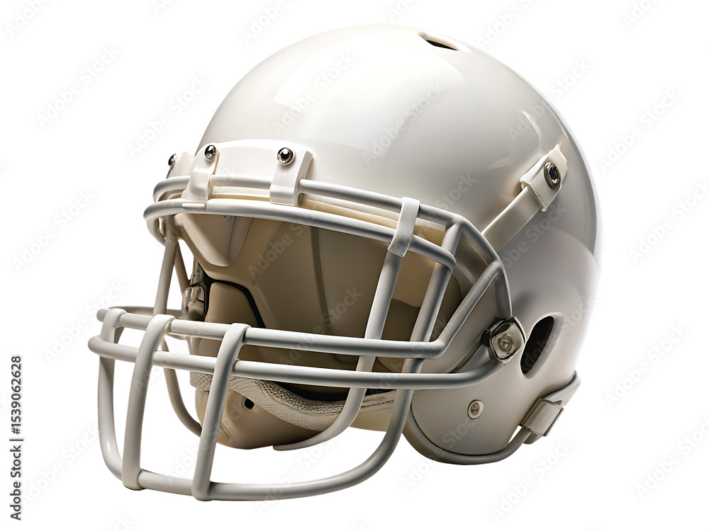 Fototapeta premium A close up shot of a white football helmet with a face mask on a black isolated background view