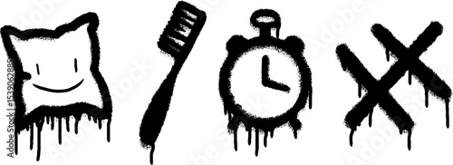 Grunge style icons of toothbrush, pillow, and alarm clock for morning routine design