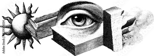 Surreal collage featuring all seeing eye with ancient book and sun elements for mystical designs