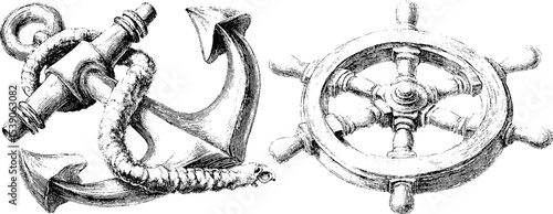 Nautical anchor and ship wheel dotwork design for tattoo art