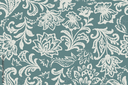 Damask seamless pattern, Ikat floral gothic background, vector illustration, ethnic oriental embroidery, Aztec style, baroque. Design for texture, fabric, clothing, decoration, fashion, textiles  