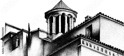 Architectural ink sketch of balustrade and tiled rooftop