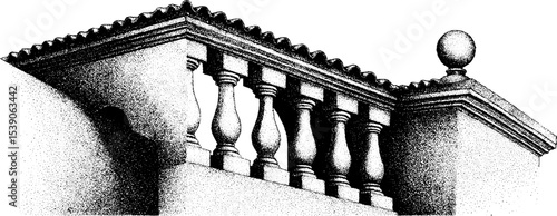 Ink sketch style of balustrade and tiled rooftop architecture design