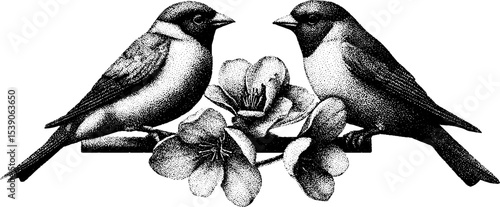 Dotwork tattoo style birds on blooming branch - nature inspired design for artistic decoration