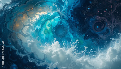 Cosmic Cloudscape: Abstract Blue and White Swirl Nebula Painting .