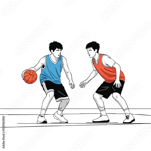 Animated Pixelated Basketball Duel Action Illustration with Two Player Characters