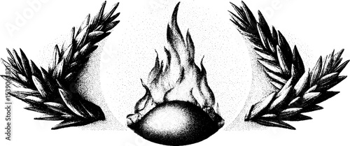 Dotwork tattoo design featuring bonfire and pine needles for artistic inspiration